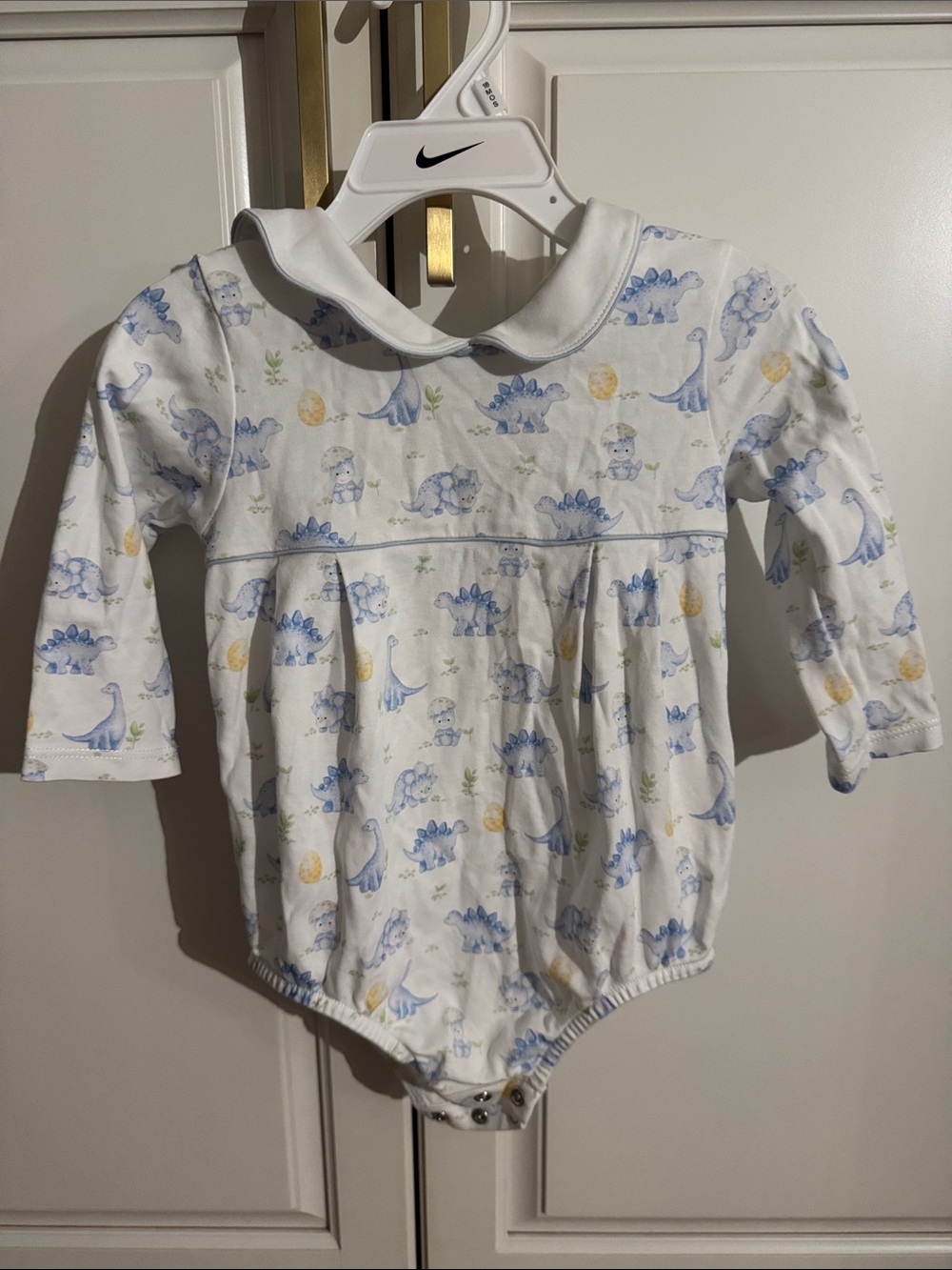 Baby boys' Dino Print Long-Sleeve One-Piece in White and Blue